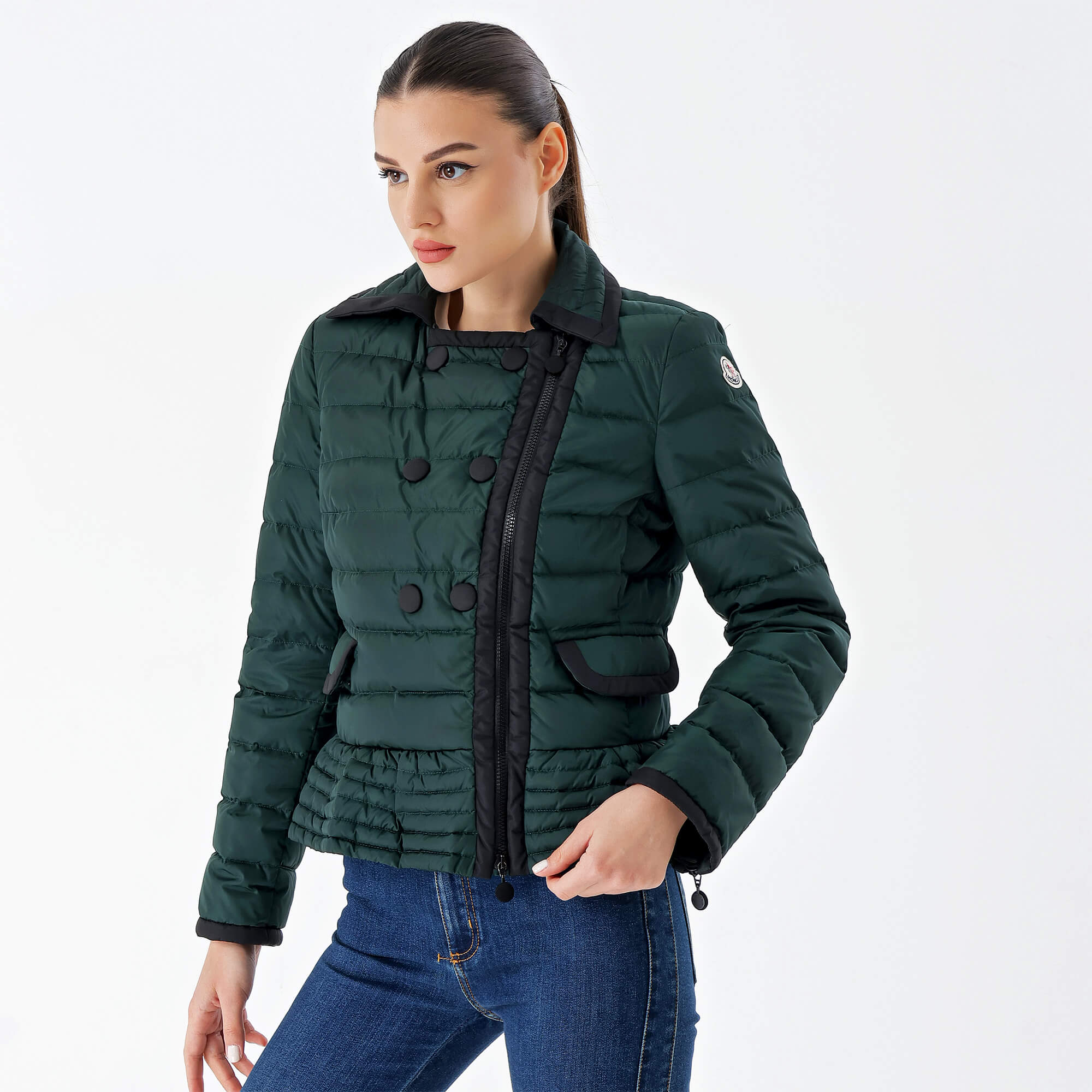 Moncler-Green and Black Button Puffer Coat